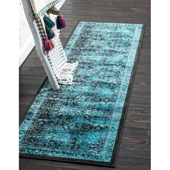 Unique Loom Bosphorus Imperial Rug Black and Blue/Black 2' x 6' 1" Runner Border Bohemian Perfect For Bathroom Hallway Mud Room Laundry Room