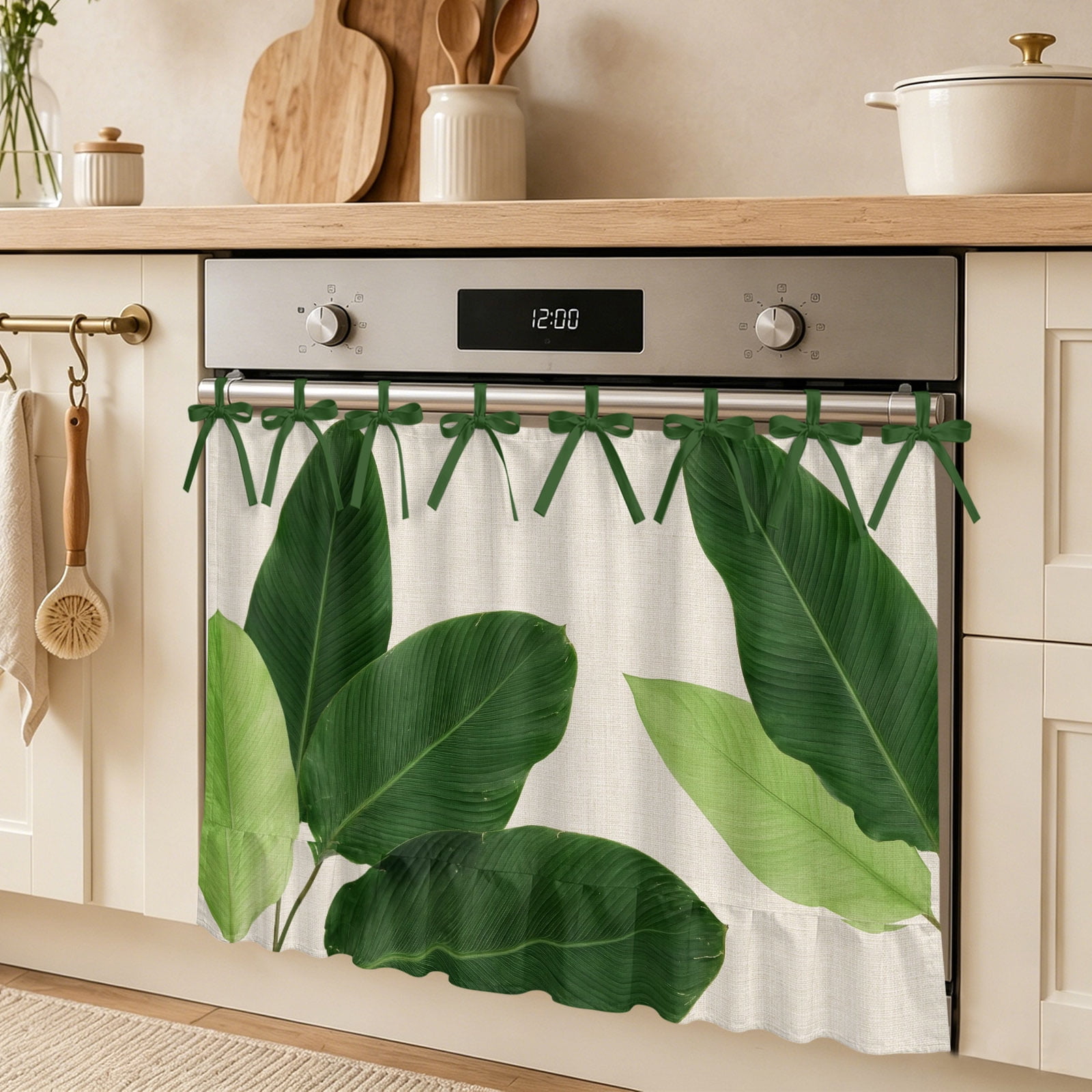 Banana Leaves Oven Skirt Curtain Rustic Minimalist Deep Green Tropical Botanical Tie Top Tier Curtains Stove Dishwasher Skirt Small Window Drapes for Kitchen Bathroom Cafe 30 x21.5