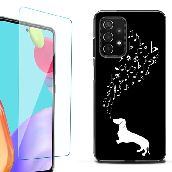 Slim-Fit Flexible TPU Gel Phone Case (black) for Samsung Galaxy A52 5G, with Tempered Glass Screen Protector, by OneToughShield ® - Dachshund/Puppy Music