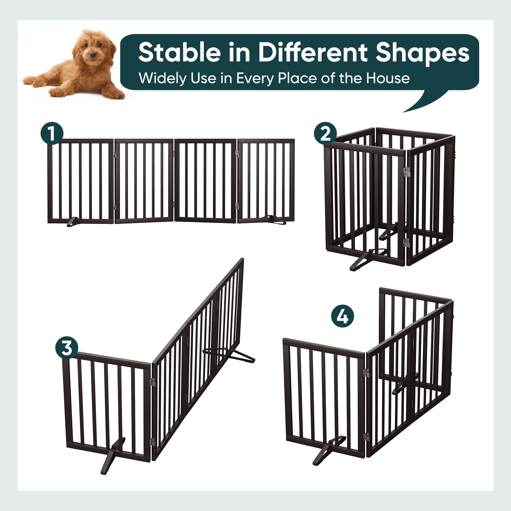 Smuxee Bamboo Freestanding Pet Gate Foldable Dog Gate with Support Feet, Brown, 4 Panel