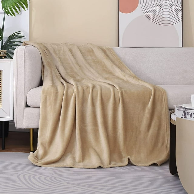 Flannel Fleece Blanket Throw Size(50 by 60 Inches),Beige Throw Blanket for Couch Sofa Bed 280GSM,Super Soft Plush Cozy and Lightweight Warm Bed Blanket for All Season