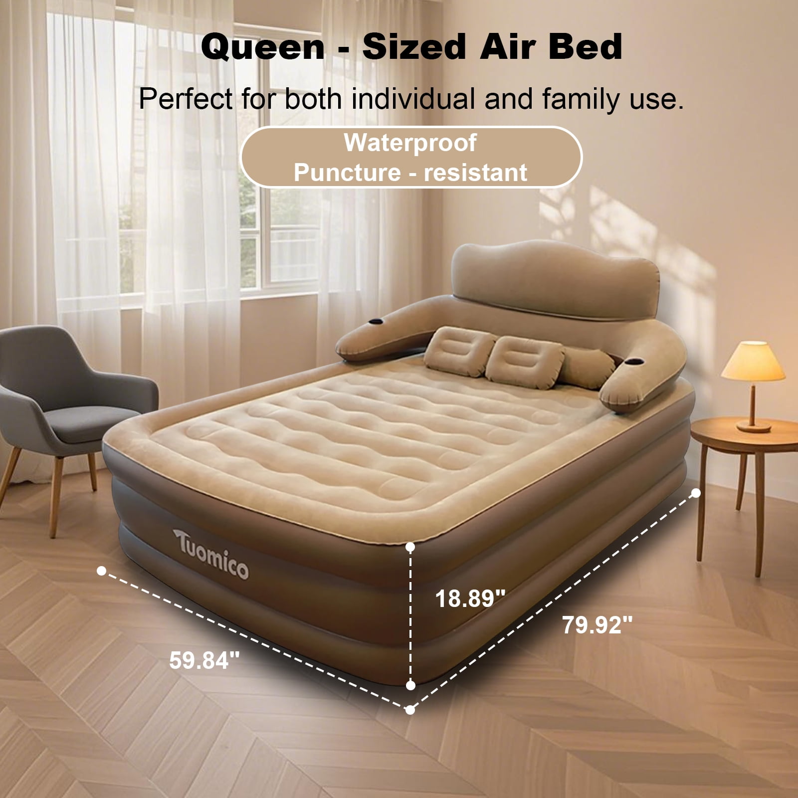 KFeng 18in Queen Brown Inflatable Air Mattress with Headboard,Built-in & Removable Pump,Camping & Home Use