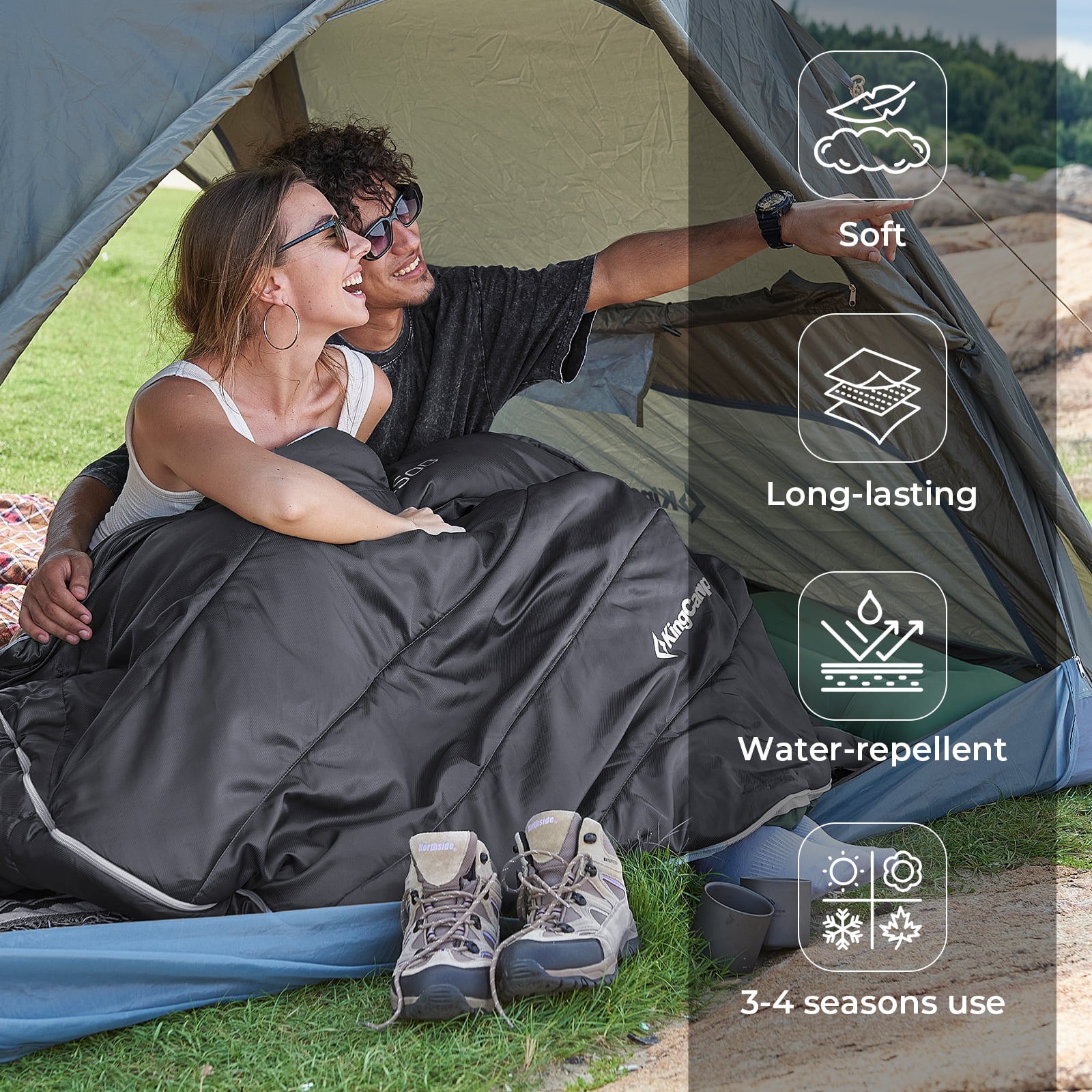 KingCamp Double Sleeping Bag for Adults, Queen Size 2-Person Sleeping Bag Flannel Lining Camping Bag with 2 Pillows & Compression Sack, 17.6°F-53.6°F, Black