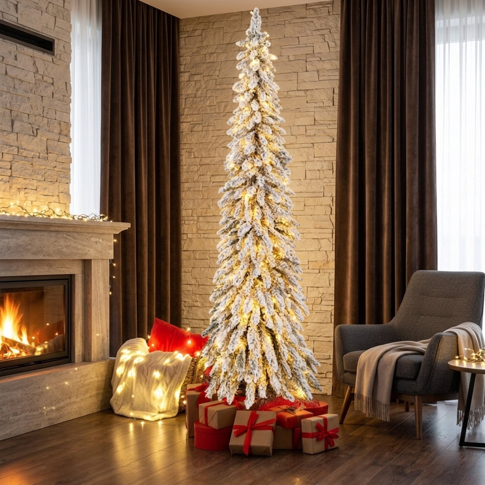 RUIE 6 ft Snow-Flocked Pencil Christmas Tree, Pre-Lit Slim Green White Xmas Tree with 250 Dual-Color LED Lights, 11 Modes, Timer