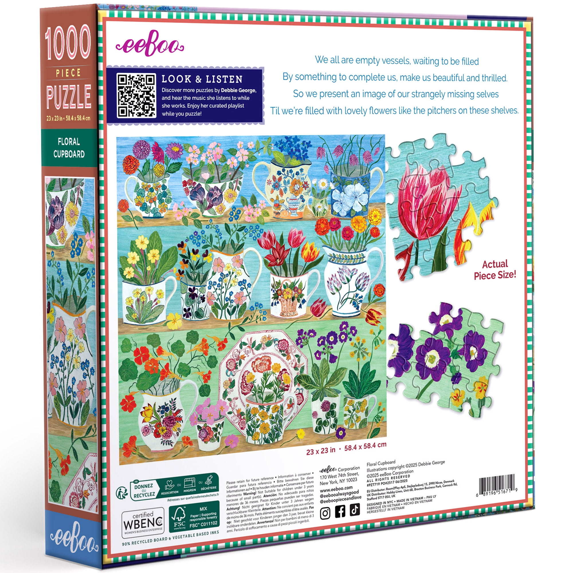 eeBoo Piece & Love: Floral Cupboard - 1000 Piece Puzzle - 23" Square Adult Jigsaw, Debbie George's Georgian China & Bouquet Vase Scene, Eco-Friendly