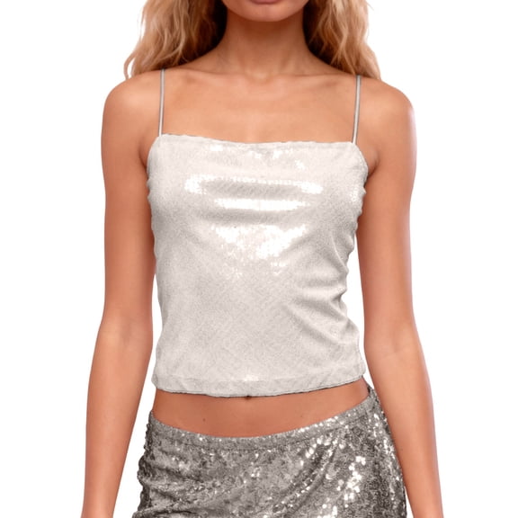 Wang6 Women Cropped Sequin Camisole Trendy Spaghetti Strap Sparklers Cami Tank Tops Square Neck Mardi Gras Sleeveless Undershirts Tees White S
