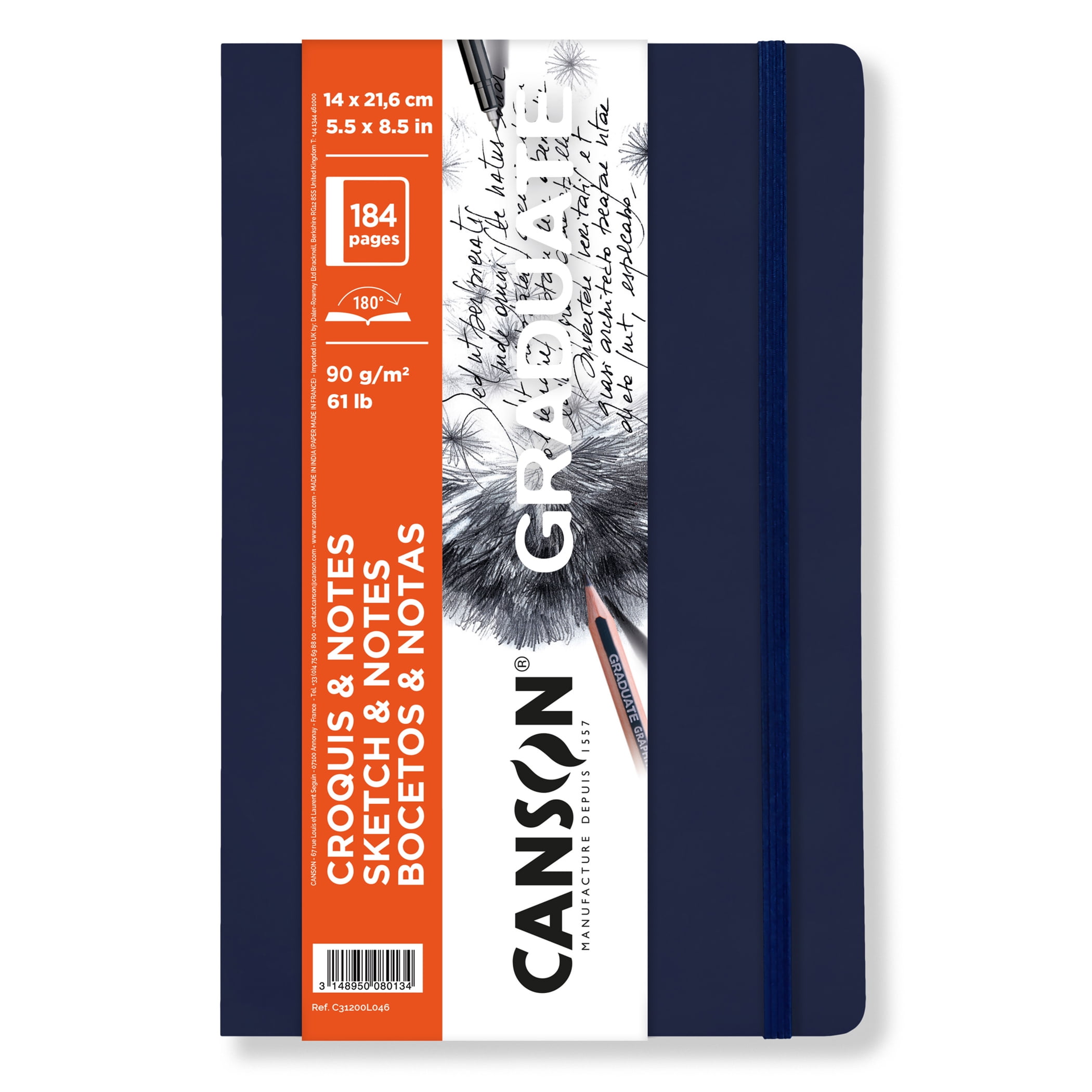 Canson Graduate Sketch & Notes Art Book, Dark Blue, Soft Cover Binding, 92 Sheet, 5.5x8.5 inch, Pack of 5