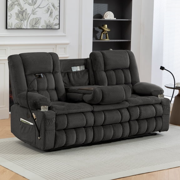 Manual Recliner Sofa, 3 Seater Reclining Couch with Fold-Down Console and Hidden Storage, Double Padded Recliner Sofa for Living Room, Apartment, RV (Grey)