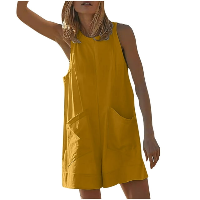IROINID Womens One Piece Shorts,Womens Solid Color Hollow Back Overalls Jumpsuit Yellow XXL