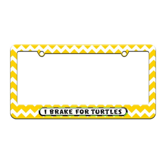 I Brake For Turtles - License Plate Tag Frame - Yellow Chevrons Design