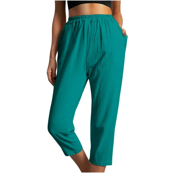 QUYUON Womens Linen Capris and Cropped Pants Elastic Waist Capris with Pockets Womens Capris Pants for Casual Summer Clearance Loose Comfy High Waisted Yoga Capris Crop Pants Style P-289 Green S