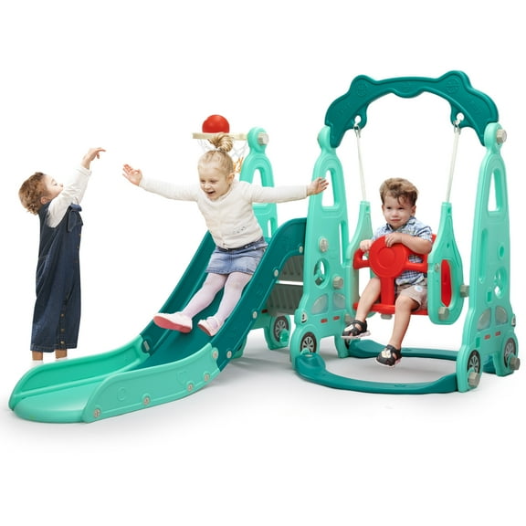 4 in 1 Slide Climber Swing Set, Freestanding Toddler Slide Climber Playset with Basketball Hoop, Toddler Playground Indoor Outdoor, Easy Setup