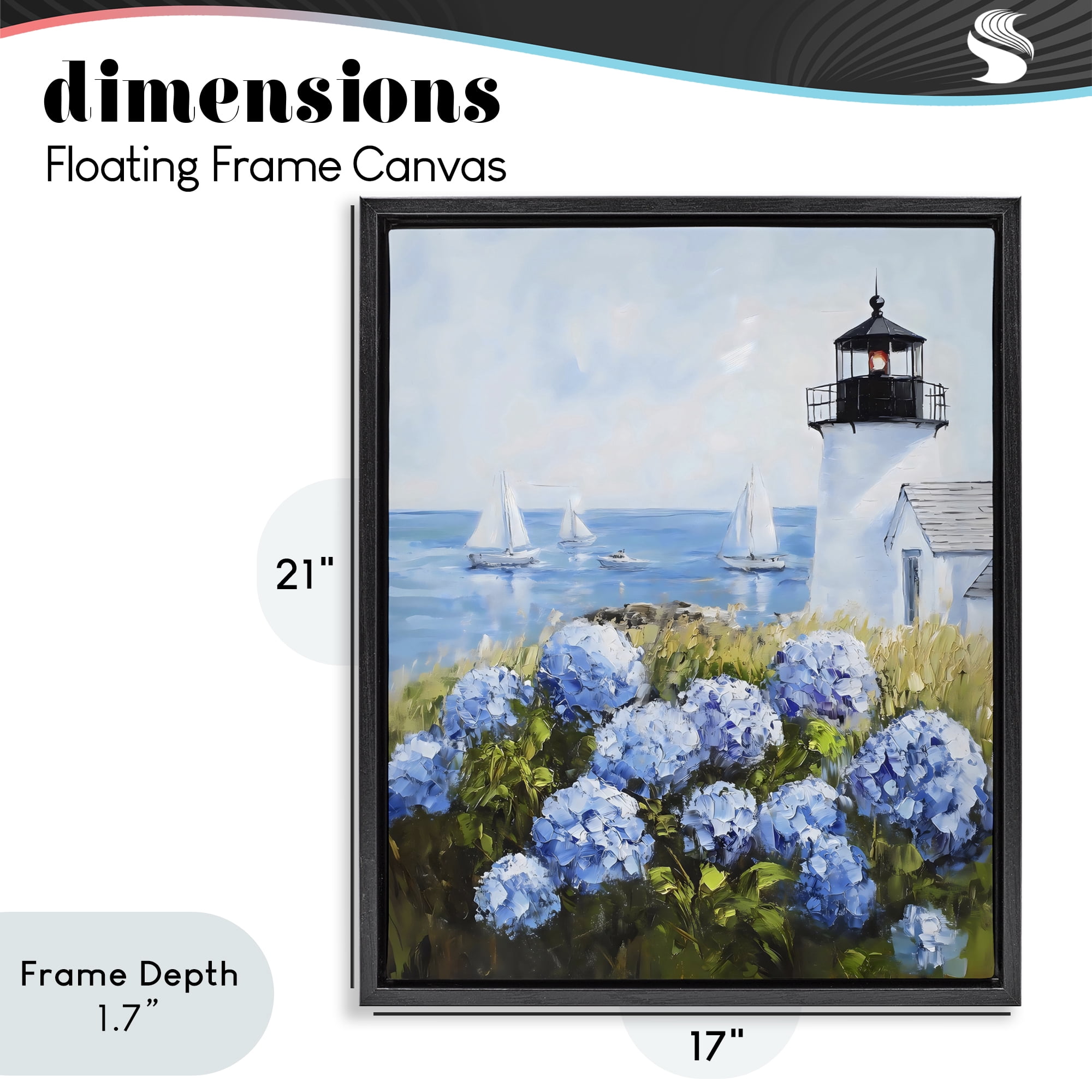 Stupell Industries Lighthouse Surrounded by Hydrangeas Black Framed Floater Canvas Wall Art, design by Arlington Prints