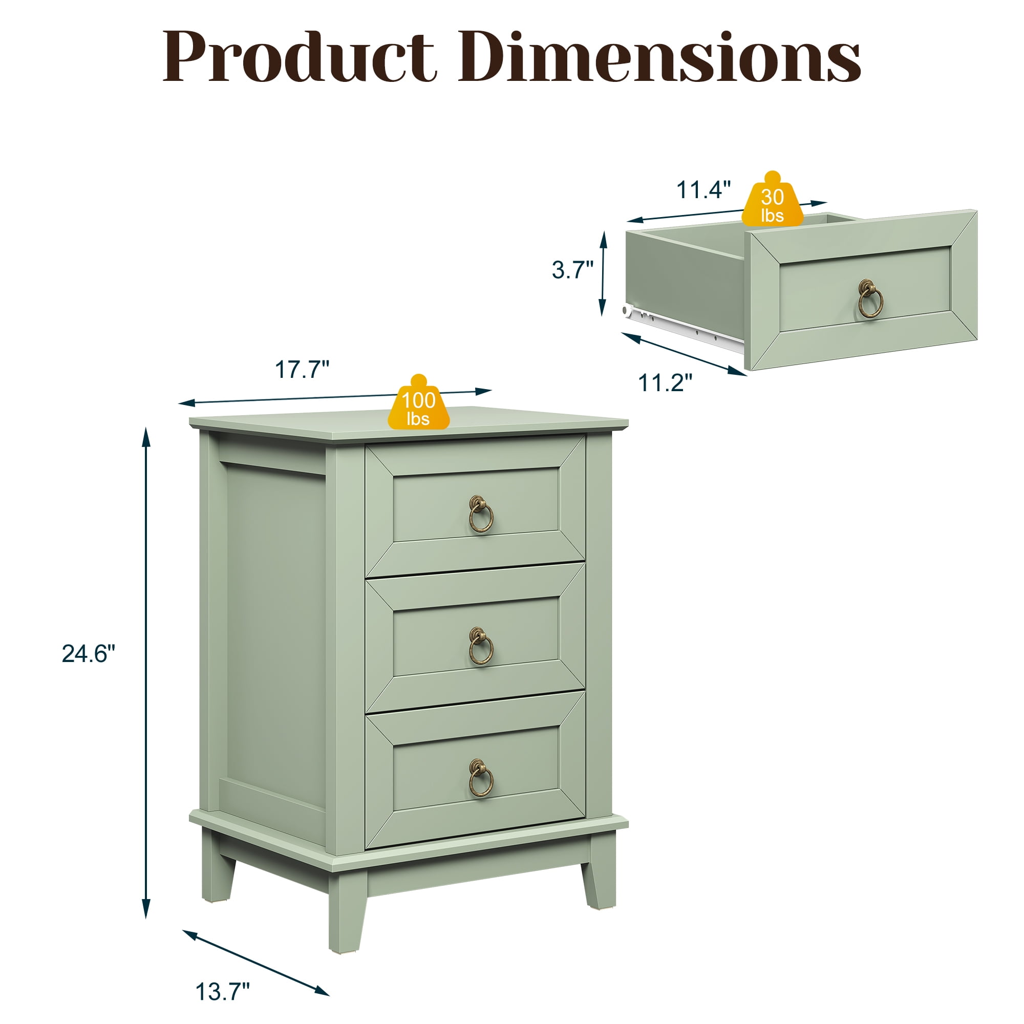 CozyHome Green Slim Night Stand: 3-Drawer Tall Wood Dresser, Space-Saving Bedside Table for Small Rooms, Bedroom, Nursery, or Dorm