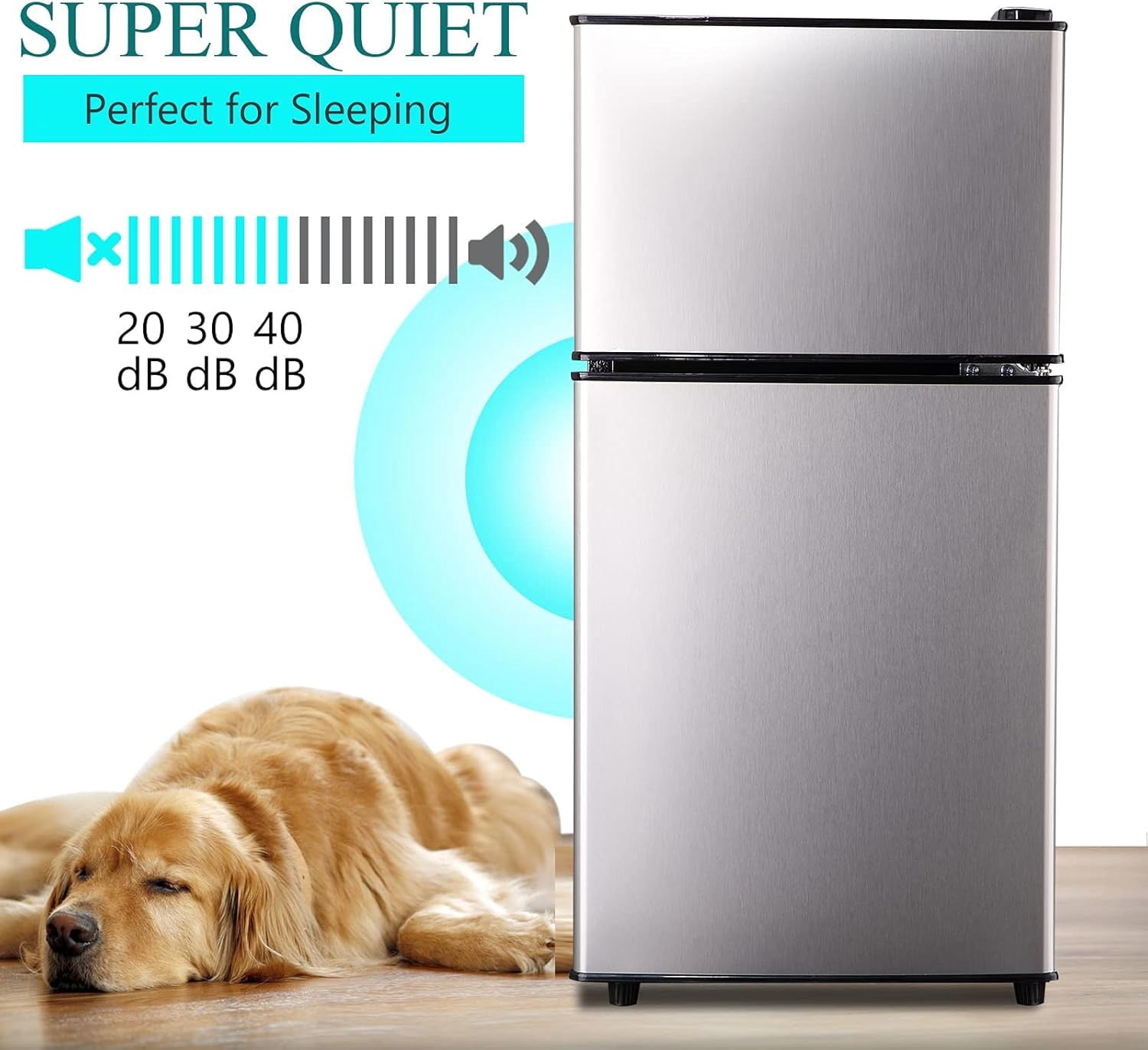 3.5 Cu.Ft Double Door Mini Fridge with Freezer, Compact Refrigerator with 7-Level Thermostat, Low Noise Energy Saving, Removable Glass Shelves, Silver