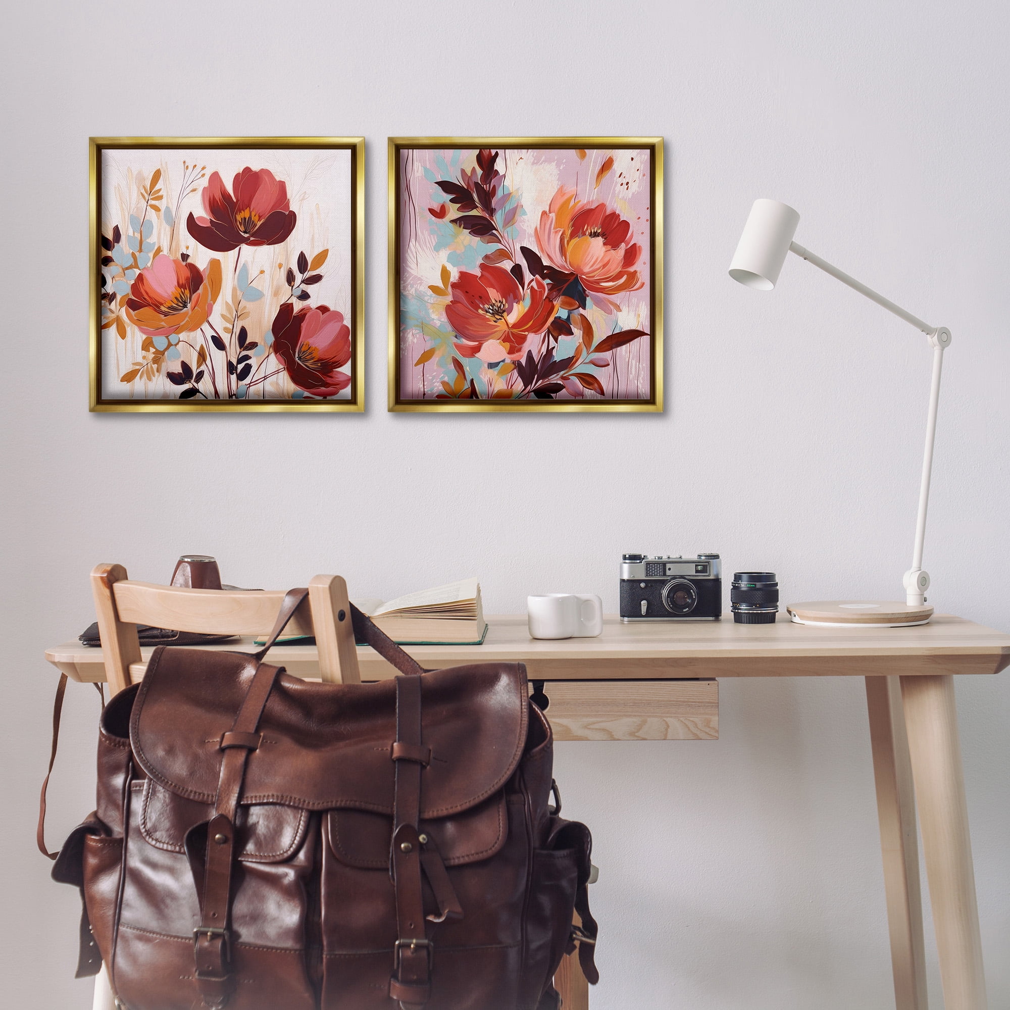 Stupell Industries Red Modern Flowers Botanical & Floral Painting Gold Floater Framed Canvas Art Print Wall Art, 18 x 18, Set of 2
