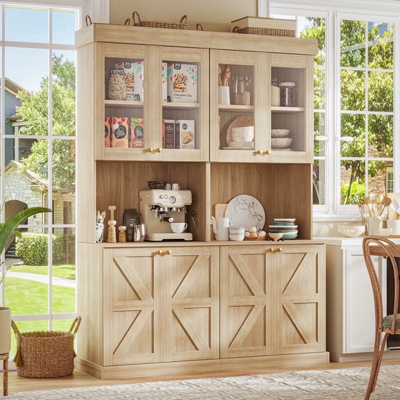 71" Tall Farmhouse Pantry Cabinet,Freestanding Coffee Bar Hutch With With Adjustable Shelves.For Home Office,Living Room,Dining Room,Brown,2 Pcs