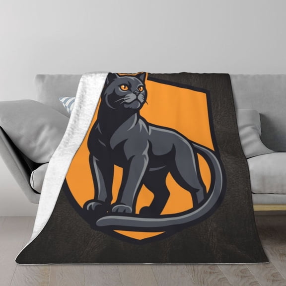 Black Cat Blanket - Orange Shield Mascot Throw Blanket, Sleek Majestic Cat Decor For Sofa Couch Bed, Soft Flannel Fleece Blanket 50x40