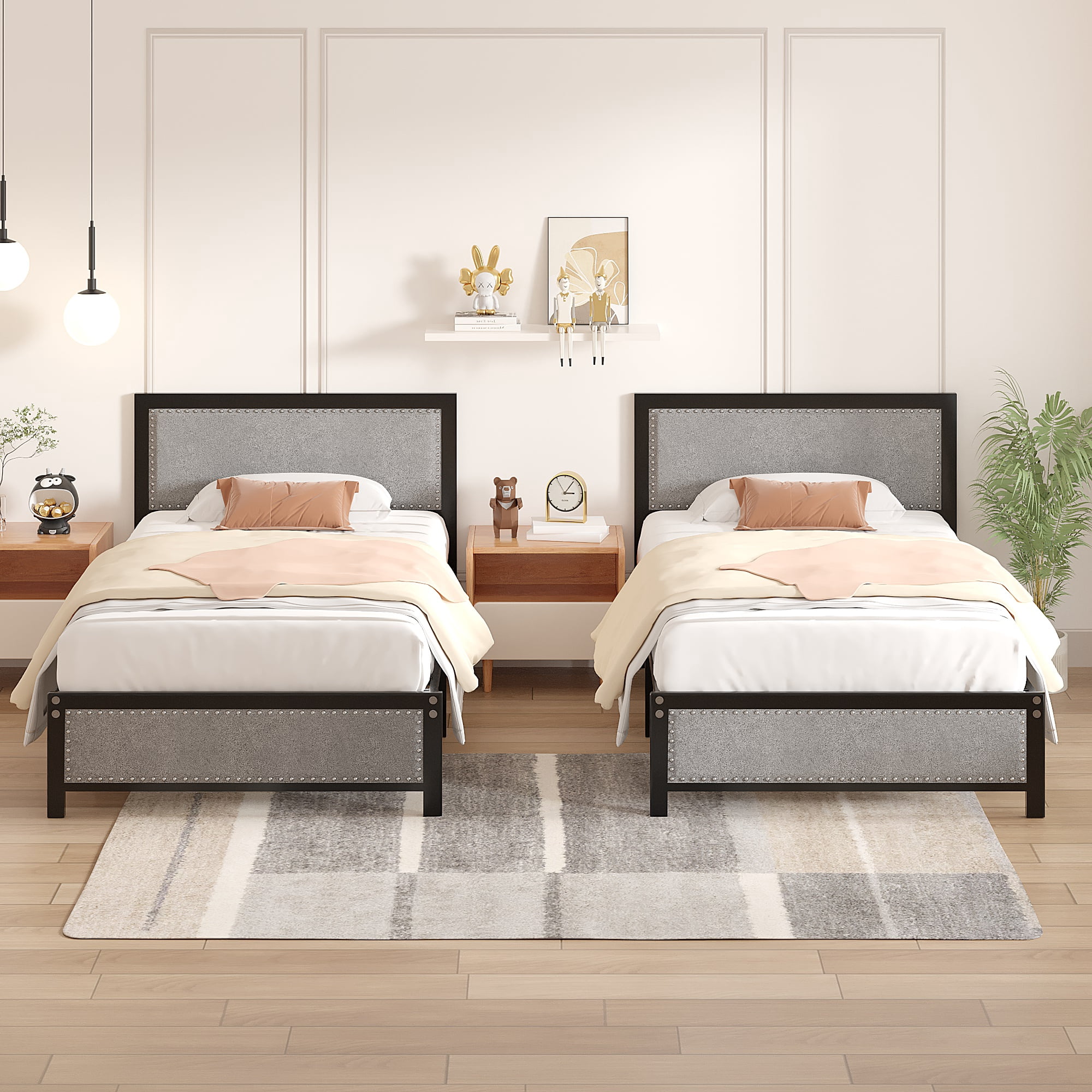 VECELO Twin Size Bed Frame Metal Platform Bed with Upholstered Headboard, No Box Spring Needed, Gray