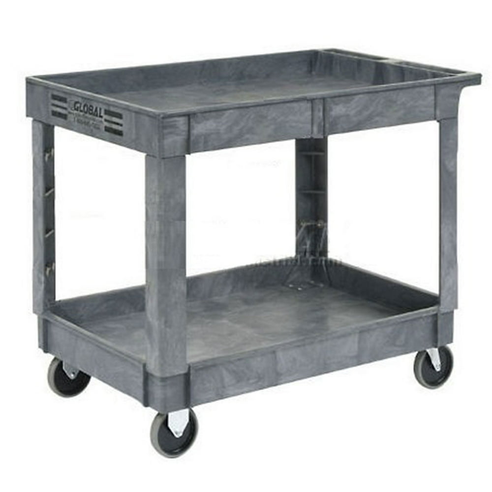 2 Shelf Tray Service & Utility Cart, Plastic, 40"x26", 5" Rubber
