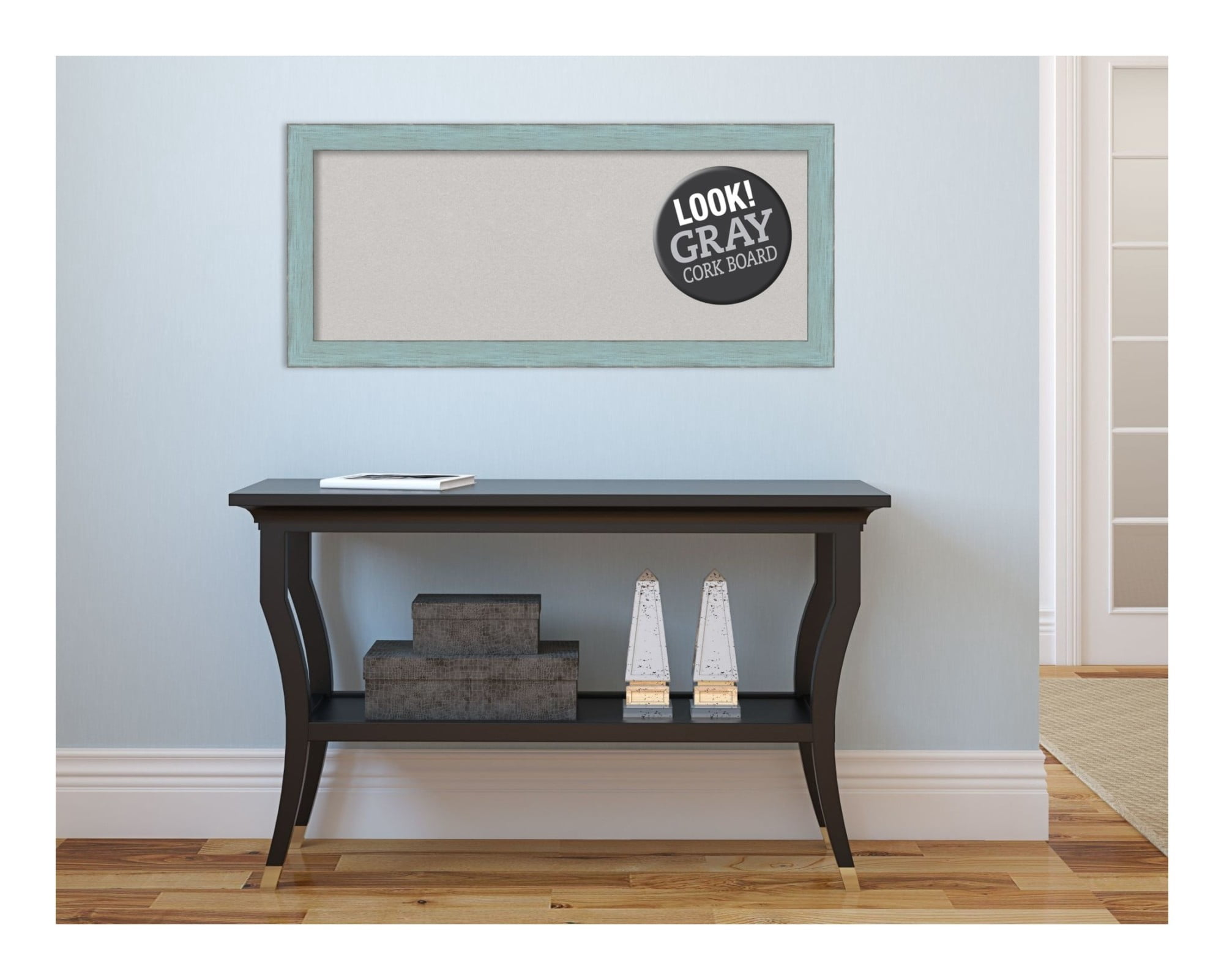 Amanti Art Natural Cork Board Wood Framed Sky Blue Rustic Bulletin Board 32 in. x 14 in.