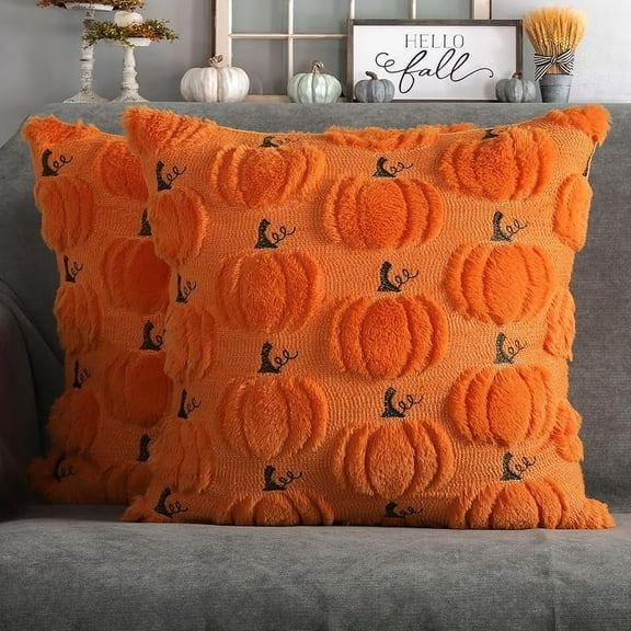 Fall Pumpkins Decorative Pillow Covers 18x18 Set of 2, Beige Soft Plush Faux Fur Wool Farmhouse Throw Cushion Cases for Autumn Thanksgiving Holiday Home Decorations