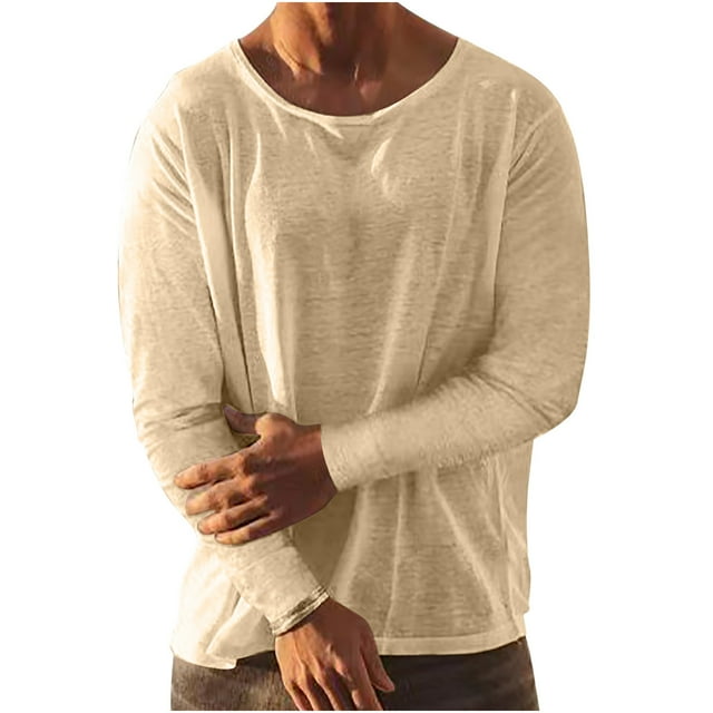 Eryao Linen Muscle Shirts for Men Crew Neck Long Sleeve Tops Basic Solid Colour Pullover Tees,Khaki,M