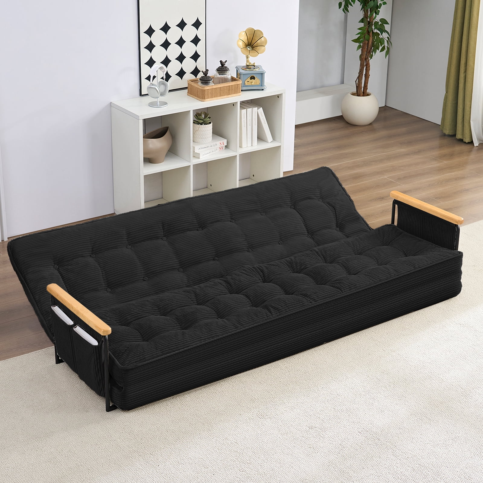 BALUS Futon Sofa Bed, 4-in-1 Corduroy Floor Couch Bed with Folding Mattress, Convertible Sleeper Sofa for Living Room, Black