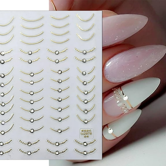 Monebena French Tip Nail Stickers for Nail Art, 6 Sheets 3D Self-Adhesive Gold Sliver Lines Nail Art Stickers Nail Tips Designs Nail Decals with Rhinestones Sticker for Women Girls DIY