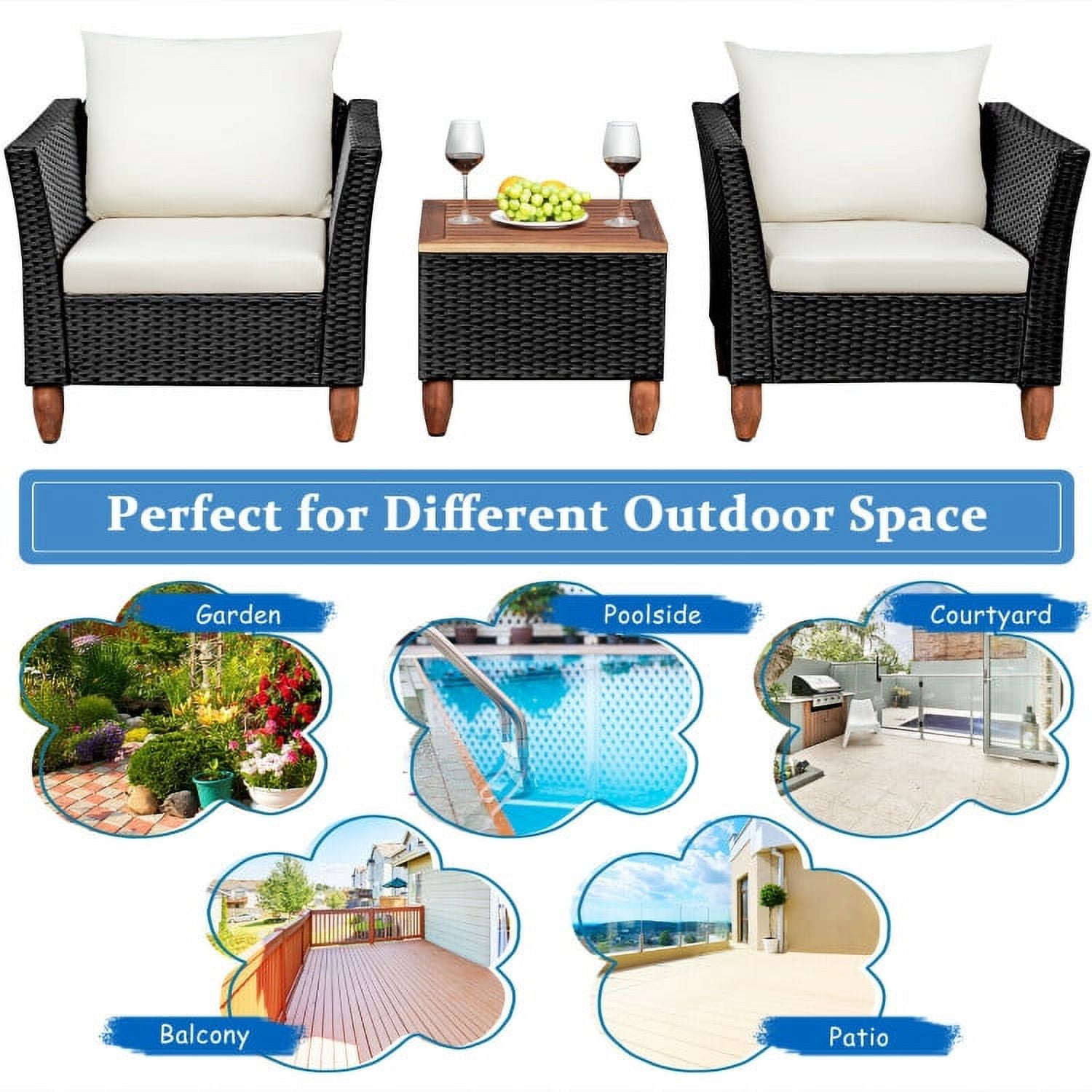 Aimee Lii 3 Pieces Outdoor Patio Rattan Furniture Set with Coffee Table, Modern Patio Furniture, White