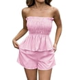 thumbnail image 3 of Dianli Fashion Women Ruffled Stripe Print Tube Top and Shorts Casual Two Piece Set, Trendy Sleeveless Pullover with Elastic Waist, Stylish Comfy Summer Lounge or Party Outfit Pink M, 3 of 7
