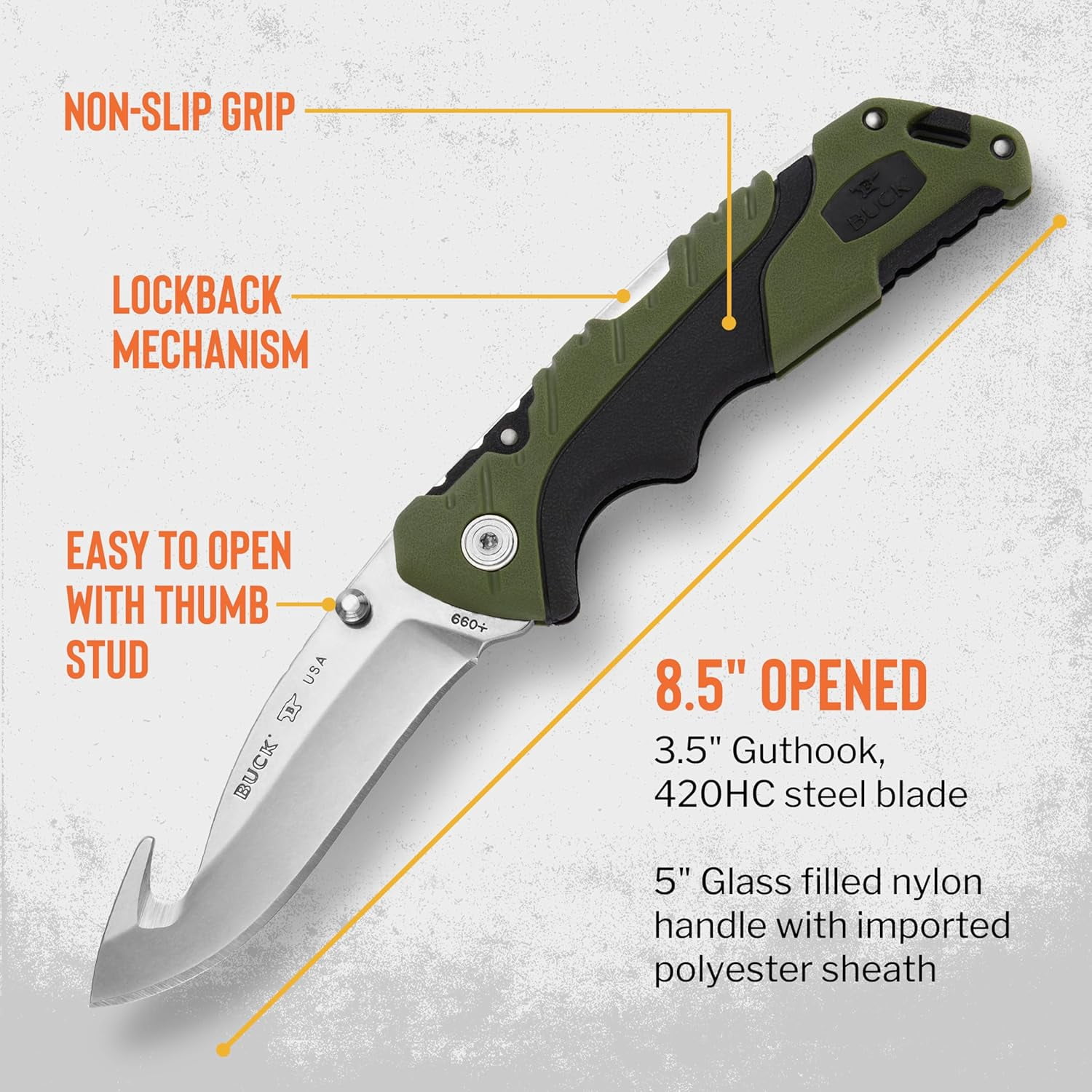 Buck Knives 660 Large Folding Pursuit Guthook Hunting Knife, 3-1/2" Blade, Nylon Handle, Green, 3.6 oz