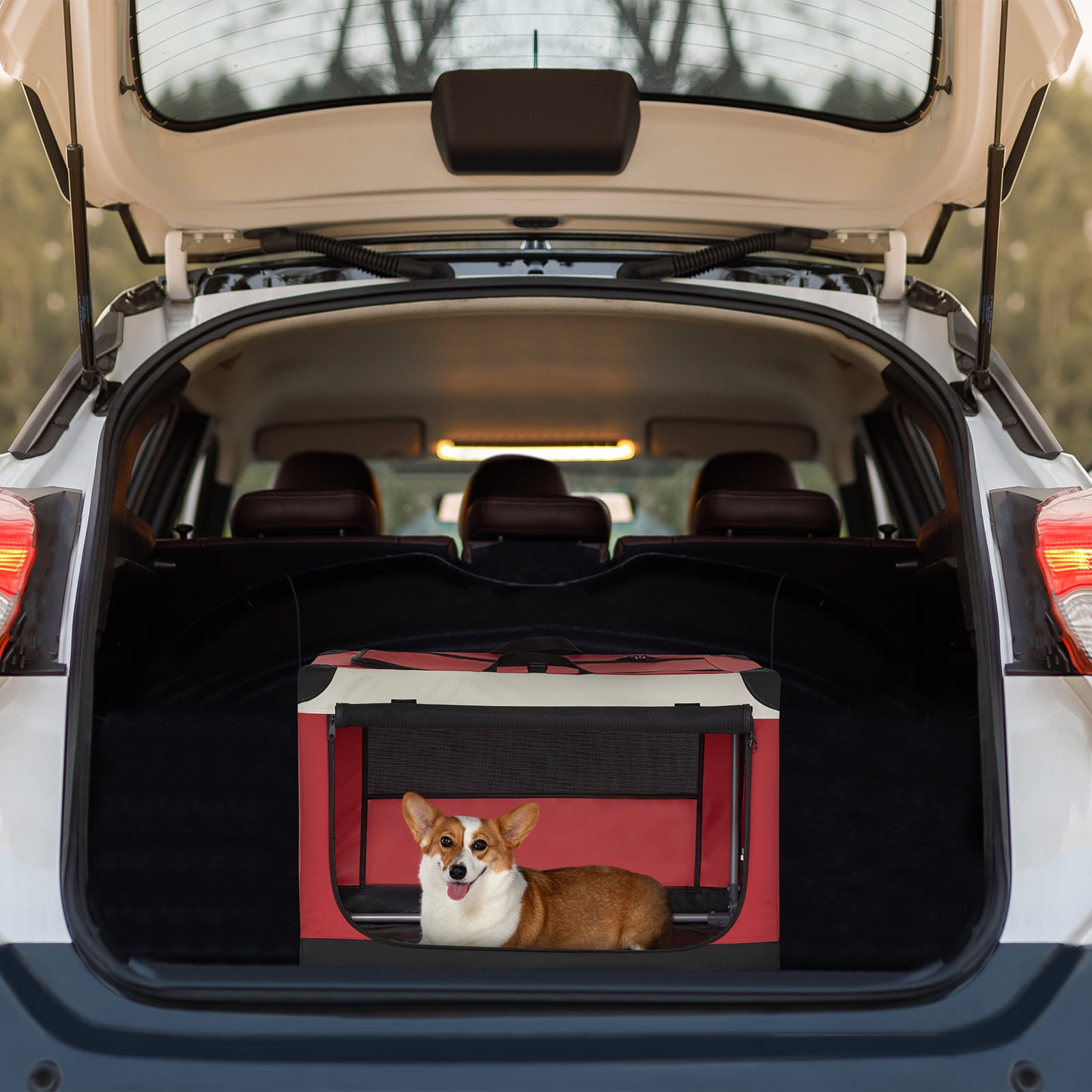PETSFIT 30inch Soft Sided Dog Crate, Dog Travel Crate-Lightweight, Easy Setup, Sturdy Portable Dog Crate, Adjustable Framework with 3 Mesh Door, Portable Collapsible Dog Kennel, Red