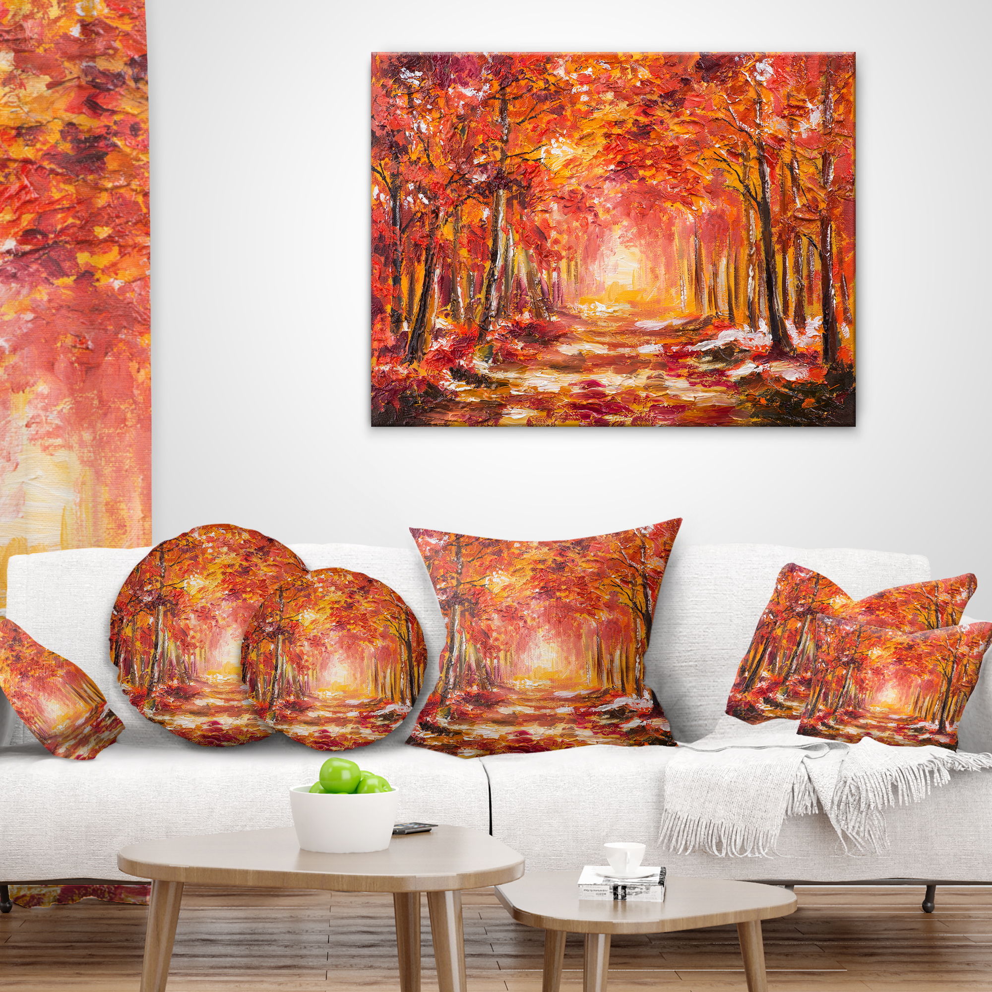 Designart Autumn Forest in Red Shade - Landscape Printed Throw Pillow - 12x20