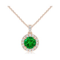 ANGARA Natural Round Emerald Dangle Pendant with Diamond Halo in 14K Rose Gold for Women (Size-4mm) | May Birthstone, Birthday, Anniversary, Jewelry Gift for Women | Natural Emerald Necklace