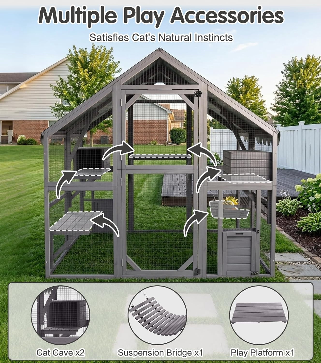 Aivituvin Extra Large Catio Outdoor Cat Enclosure Window Design for 6-10 Cats, Walk-in Patio Cat House with 4 Access Doors, Waterproof Roof