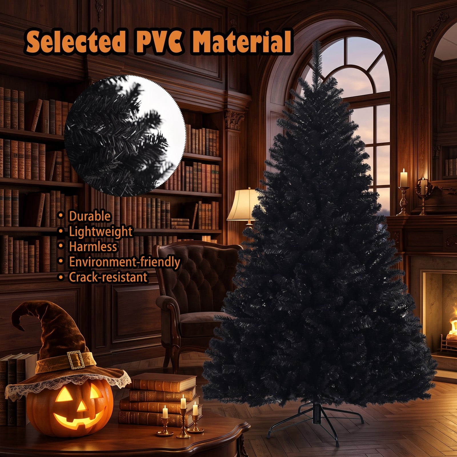 RUIE 6 Feet Hinged Artificial Halloween Christmas Tree, 1036 Branch Tips PVC Holiday Tree with Metal Stand for Indoor Outdoor Home Office Decoration, Black
