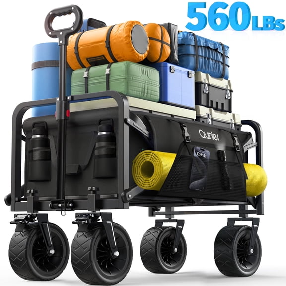 Qunler Collapsible Wagon Cart, 560lbs Heavy Duty Large Utility Garden Cart with Brake Wheels and Side Pocket for Camping, Shopping, Kids, Sports, Grocery, Black