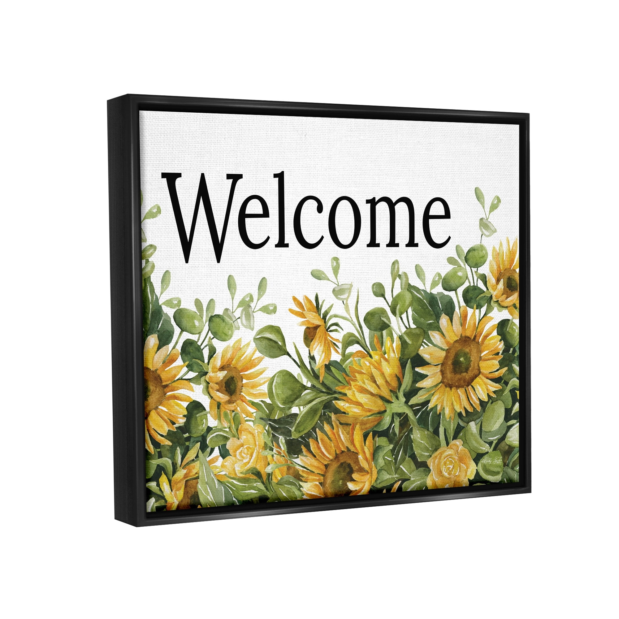 Stupell Industries Welcome Typography Sign Blooming Sunflower Field Graphic Art Jet Black Floating Framed Canvas Print Wall Art, Design by Cindy Jacobs