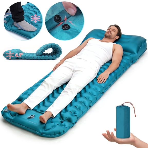 BNISE Camping Sleeping Pad, 6.3" Inflatable Sleeping Mat with Built-in Foot Pump and Pillow, Lightweight Waterproof for Backpacking Travel Hiking