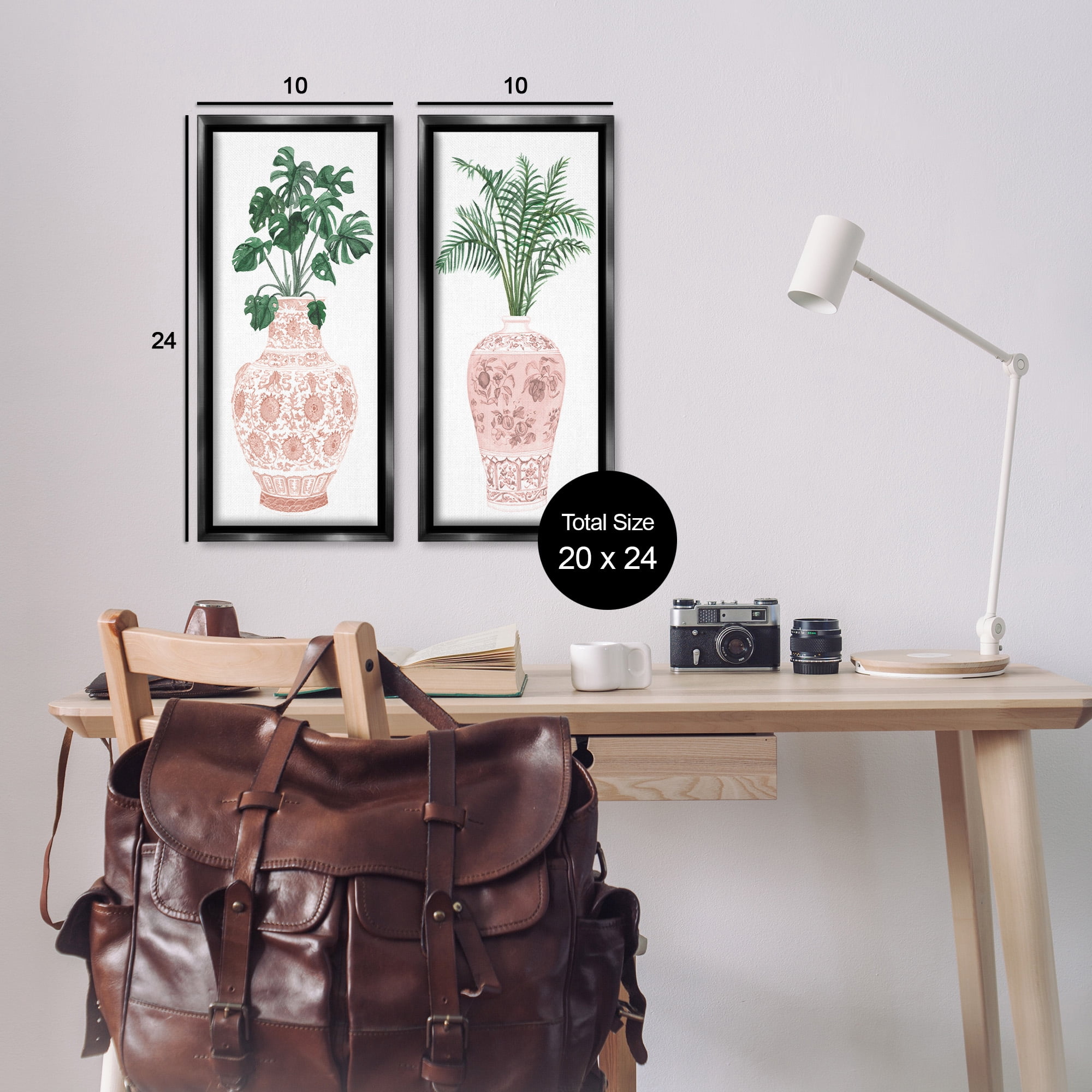 Stupell Industries Plants & Oriental Vases Botanical & Floral Painting Black Floater Framed Canvas Art Print Wall Art, 11 x 25, Set of 2
