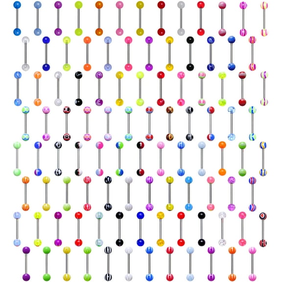 Body Candy 100 Different Stainless Steel UV Acrylic Ball Barbell Tongue Rings 14 Gauge 5/8"