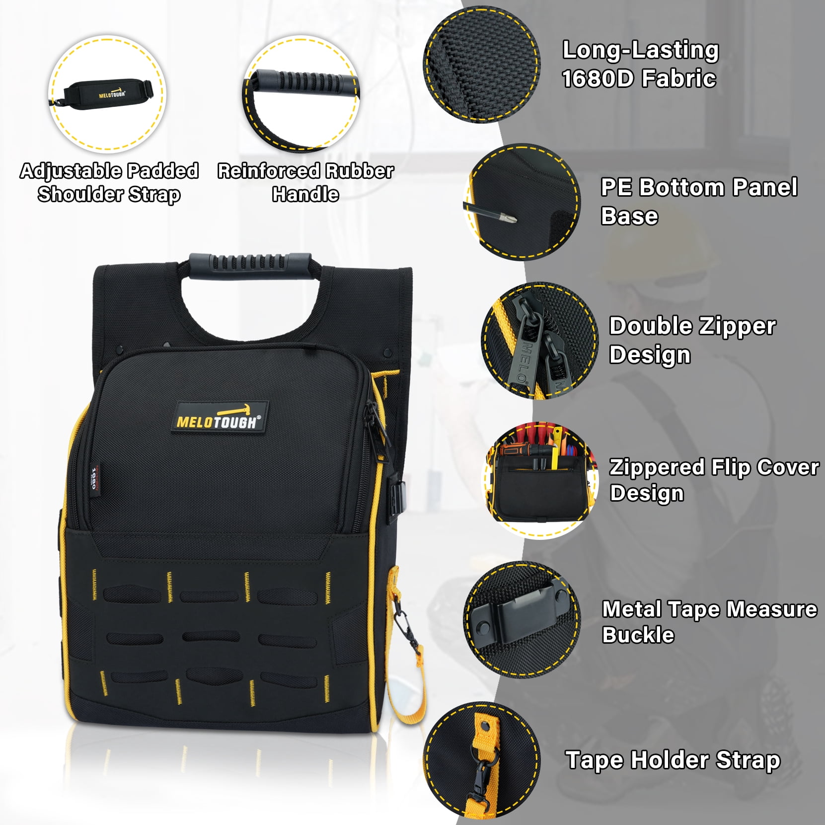 MELOTOUGH Electrician Tool Pouch with Shoulder Strap, Zippered Flip Cover Tool Pouch Bag with Multiple Storage Pockets for Electricians, Technicians, Maintenance