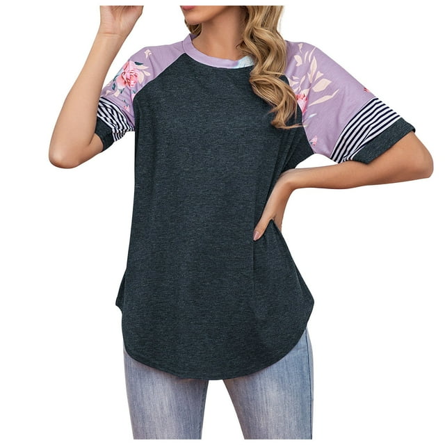 Gibobby Blusas Termicas Dama Blusa de mujer de manga corta estampada con cuello redondo y costuras redondas sexy para mujer(Gris, L)