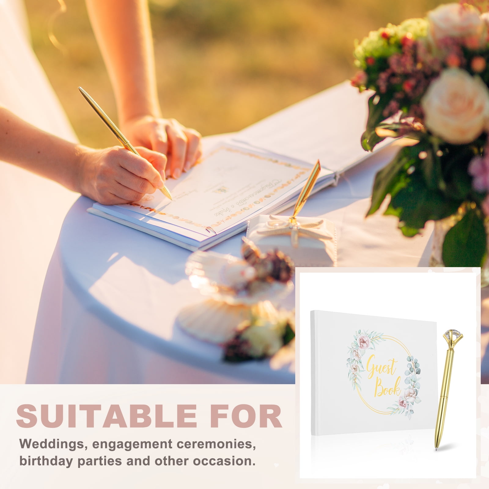 Uxcell Guest Book, 9.3x7" Elegant Wedding Guestbook Flower Wreath Cover Memory Book with Diamond Signing Pen and Greeting Card for Wedding Bridal Shower Birthday Party Events, Gold Tone