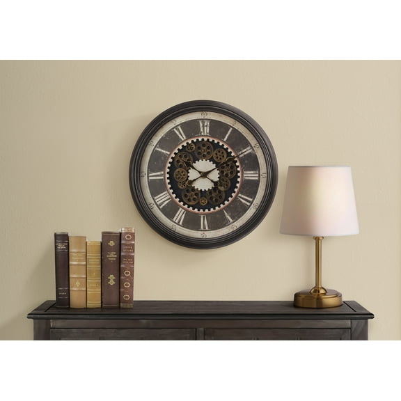 Wall Clocks Clocks, 23" Round, Gear Mechanism, Wall Clock, Brown, Transitional,Table Clocks