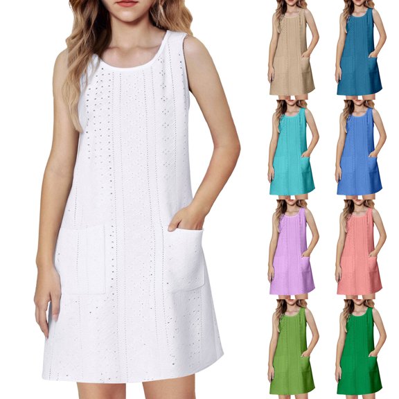 TGPMGRZ Toddler Girl Summer Dresses Eyelet Sleeveless Crew Neck Dresses Casual Loose Soft Breathable Sundress with Pockets Purple 5-6 Years