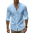 thumbnail image 6 of USNSM Mens Long Sleeve Shirts Casual Button Down Shirt Solid Color Band Collar Slim Fit Cotton Dress Shirts Blue XXXL, 6 of 9
