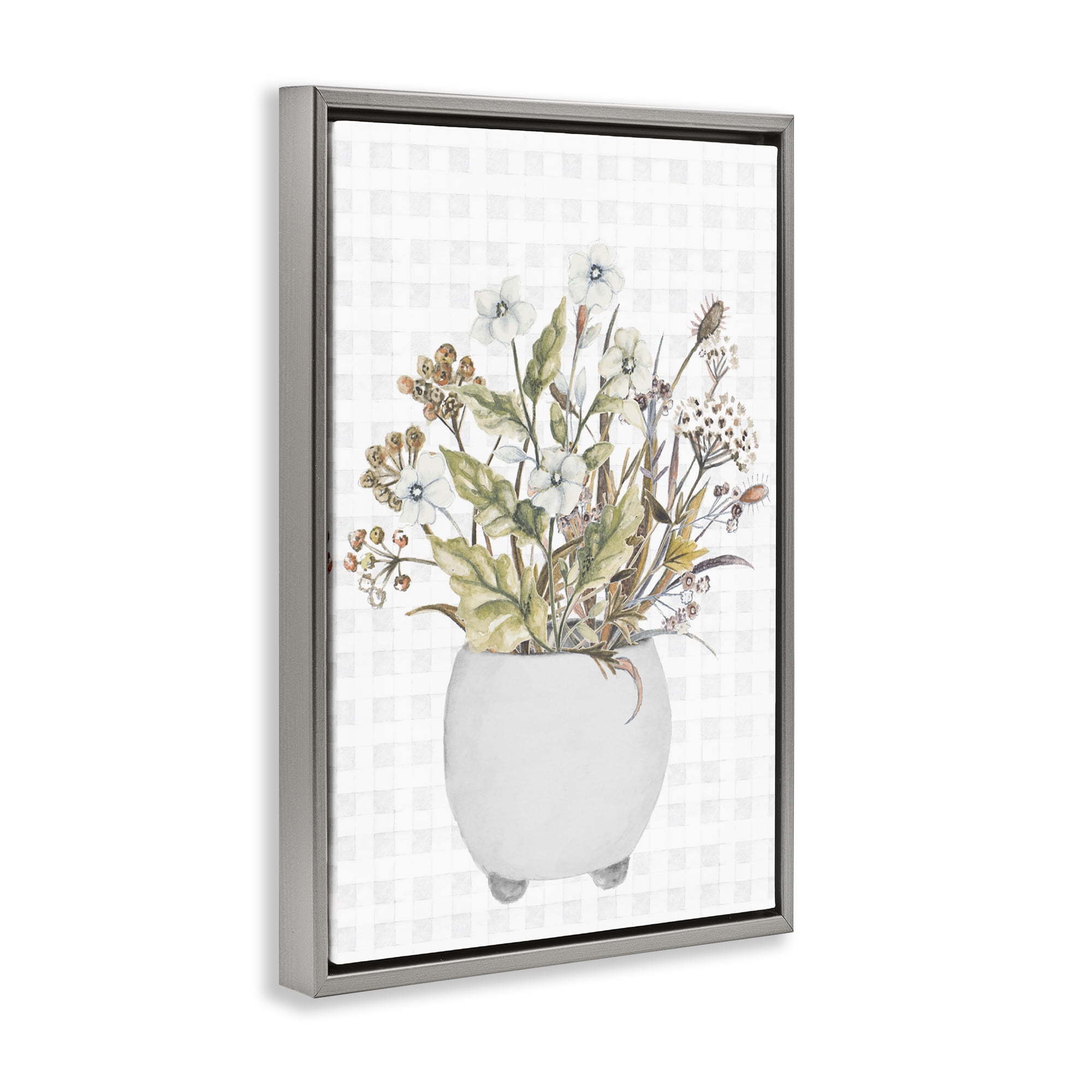 Stupell Industries Soft Potted Wildflowers Botanical & Floral Painting Gray Floater Framed Canvas Art Print Wall Art, 21 x 31