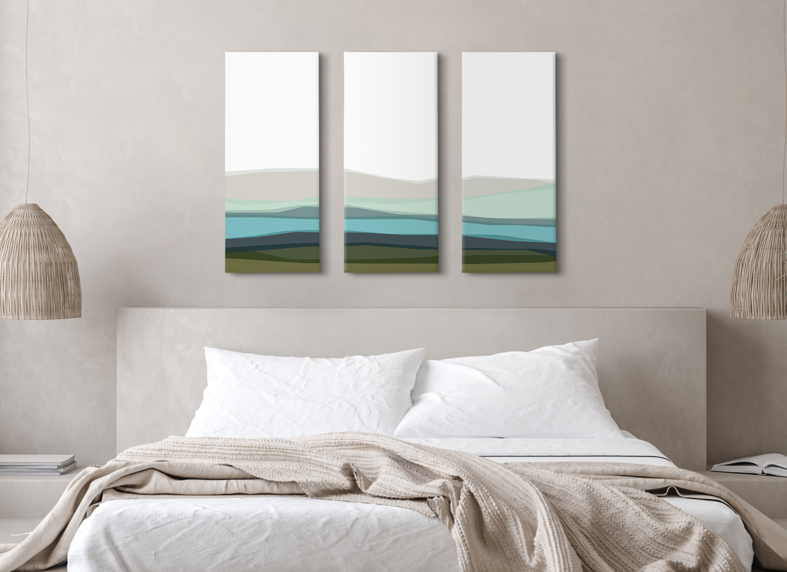 Kate and Laurel Abstract Blue Lake and Mountains Canvas Wall Art Set by the Creative Bunch Studio 3 Piece 12 x 28 Decorative Coastal Tryptic